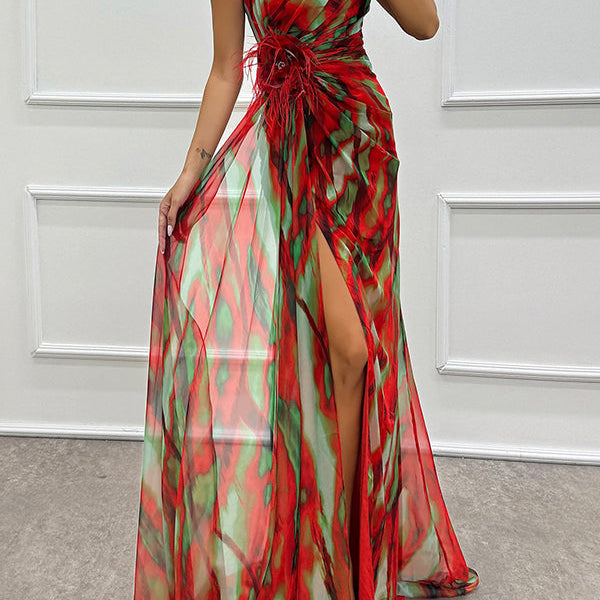 Claudia - Watercolor Print Feather Rose Detail Off Shoulder Pleated Slit Maxi Dress