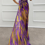 Claudia - Watercolor Print Feather Rose Detail Off Shoulder Pleated Slit Maxi Dress