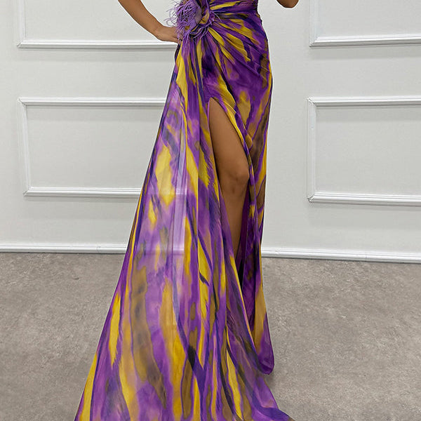 Claudia - Watercolor Print Feather Rose Detail Off Shoulder Pleated Slit Maxi Dress