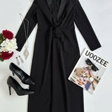 Kara - Long Sleeve Skinny Solid Color Deep V-Neck Maxi Dress
