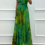 Elaine - Tulle Floral Splash Print Cutout Halter Tie-up Neck Gown Maxi Dress