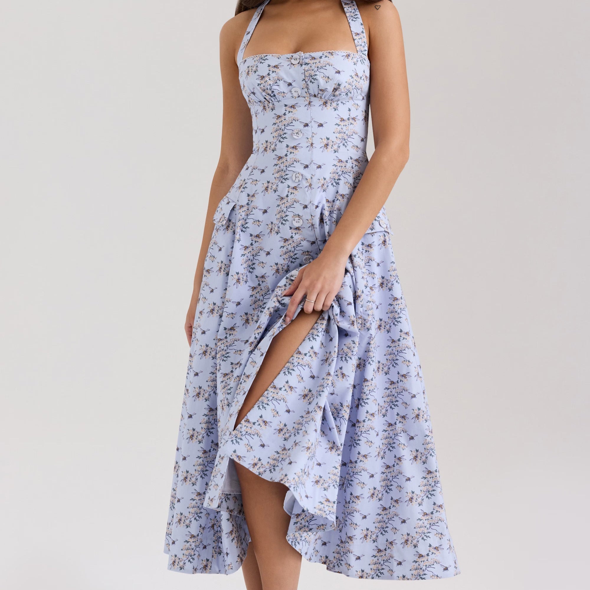 Belle - Daisy Print Halter Neck Midi Dress