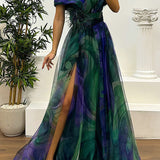 Jinnie - Tulle Floral Feather Pendant Pleated Off Shoulder Slit Maxi Dress