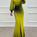 Julieta - Gradient Print Off Shoulder Gem Detail Slit Gown Maxi Dress