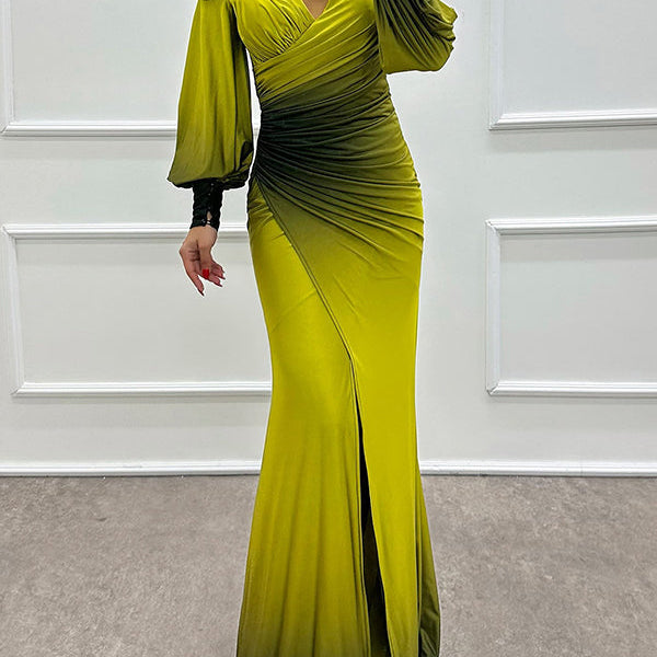 Julieta - Gradient Print Off Shoulder Gem Detail Slit Gown Maxi Dress
