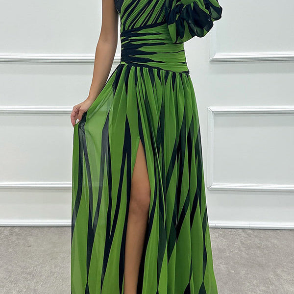 Annalise - One Shoulder Pleated Slit Maxi Dress