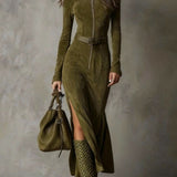 Evelyn | Belted Suede Zip Dress