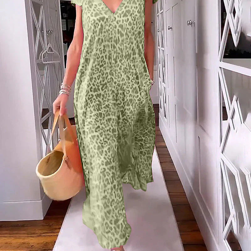 Rosma - Printed Maxi Dress with V-neck and Short Sleeves