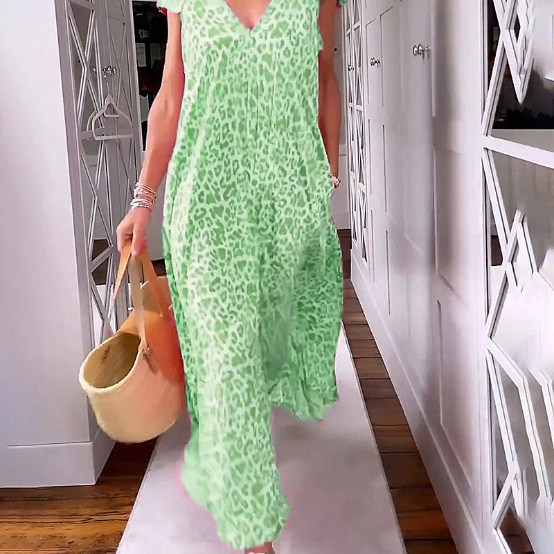 Rosma - Printed Maxi Dress with V-neck and Short Sleeves
