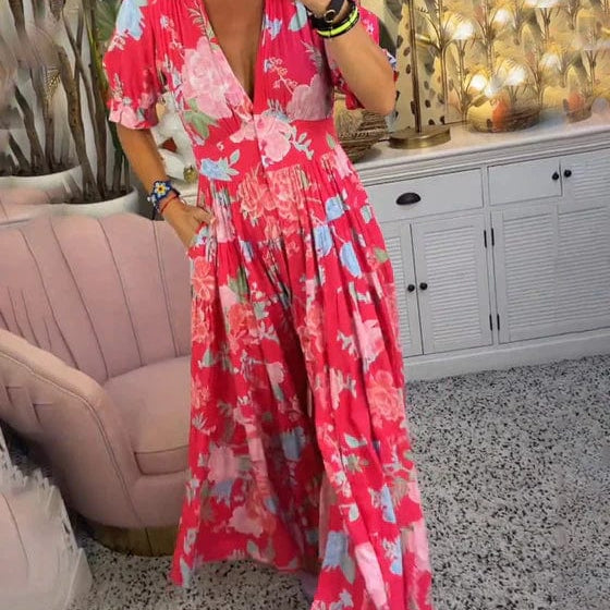 Isabeau - Comfortable Maxi Dress with V-Neck and Pockets