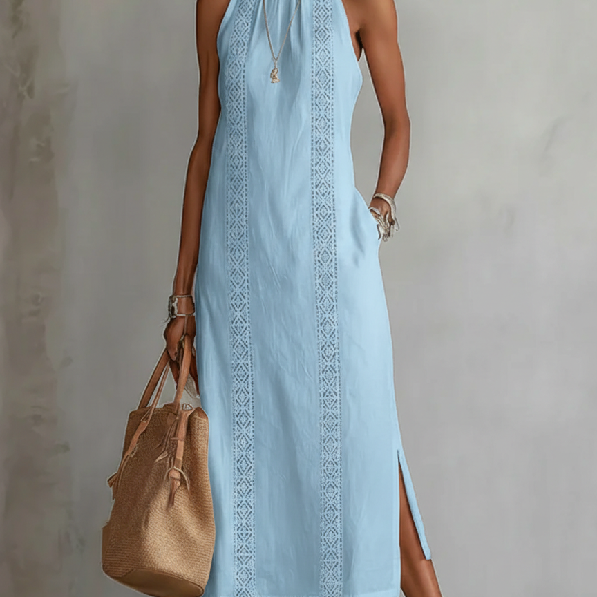 Jimena | Midi Linen Dress with Mandarin Collar