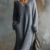 Anselma -  V-neck Gray Knitted Maxi Dress